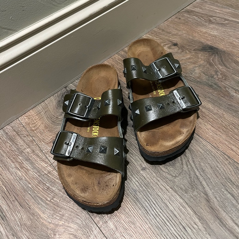 Studded Double Strap Olive Green Birkenstock sandals.  Unique